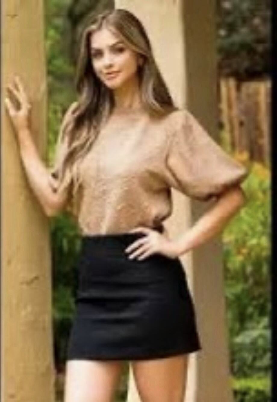 THML Tan Puff Sleeve Babydoll Top Medium Boho Textured Cottagecore Shirt Anthro